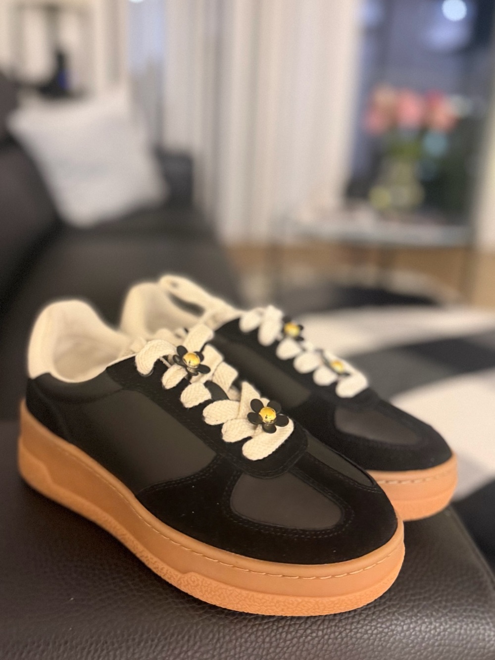 Aldo Black Sneakers with Gum Sole and Floral Lace Accents